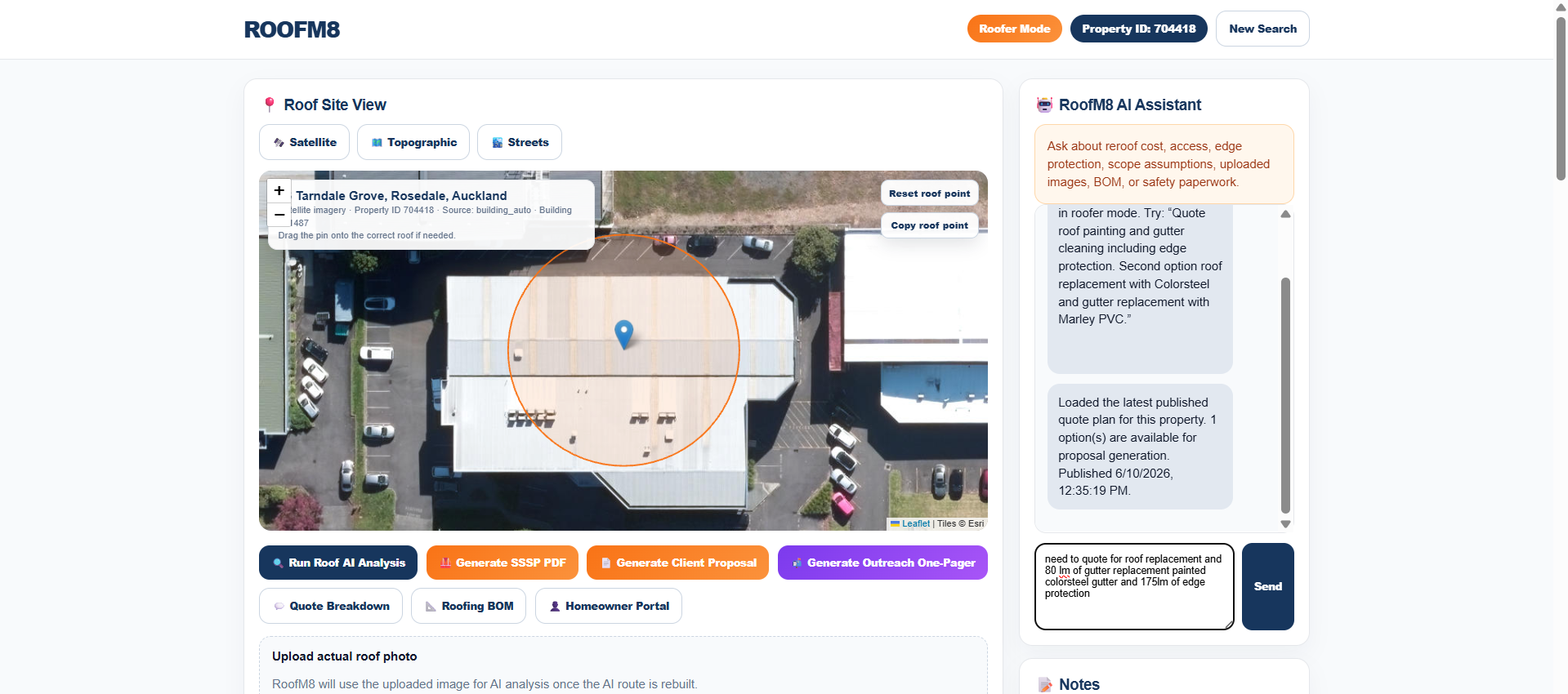 RoofM8 natural language side chat for quote planning